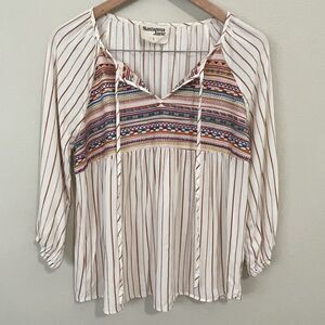 Savanna Jane Boho Top Embroidered Southwestern Peasant Sleeve Womens L Blouse